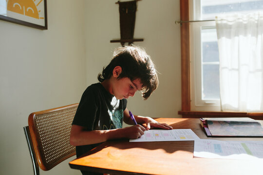 Boy does schoolwork at home