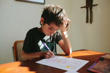 Boy does schoolwork at home