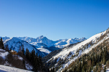 View of Mountains above Courchevel from Champagny en Vanoise, French Alps