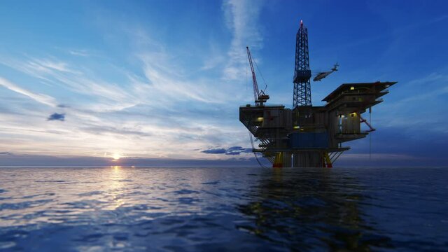 Helicopter flying from oil rig platform towards beautiful sunrise, 4K