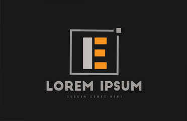 E alphabet letter logo icon in orange grey black. Dot square design for company and business identity