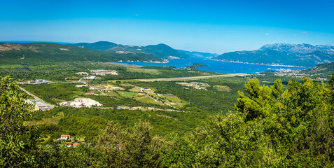 Fototapeta premium Panoramic view from Tivat to Kotor, Montenegro including the airport