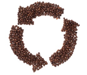 Recycling symbol made of coffee beans over white background