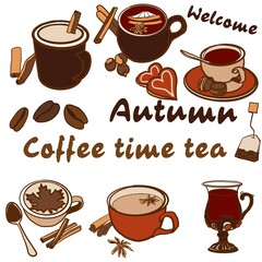 Obraz premium Coffee and tea time break pattern. Different cups. Tea with different cookies will make your day. 