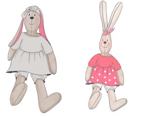 Little girl rabbit or hare toy. Good for postcards, clothes print. Like icons for toys shop