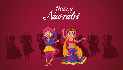 happy navratri celebration lettering with woman dancing and man playing drum