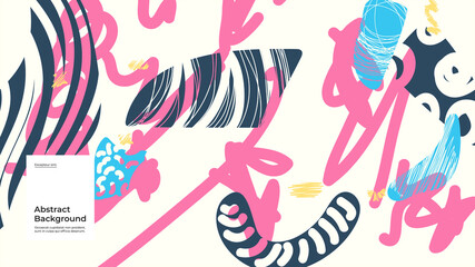 Abstract background illustration. Colorful lines, spots, dots and paint strokes. Decorative wallpaper, backdrop. Hand drawn texture, decor elements and shapes. Eps10 vector.
