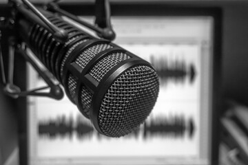 Professional microphone in radio station studio