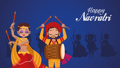 happy navratri celebration lettering with woman dancing and man playing drum