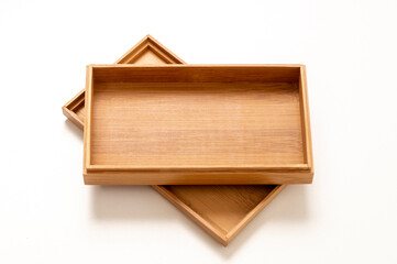 open wooden box with lid on white background, mock up