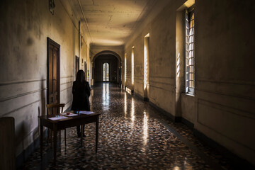 Internal spaces into the abandoned insane asylum in Naples, Italy. - obrazy, fototapety, plakaty