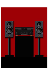 Sound shop. Quality components for quality sound. Acoustic system, amplifier, receiver, subwoofer, home theatre. Vector drawing for illustrations.