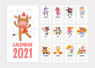 Cute 2021 calendar template with cartoon animals laughing and dancing in a twelve month format, colored vector illustration