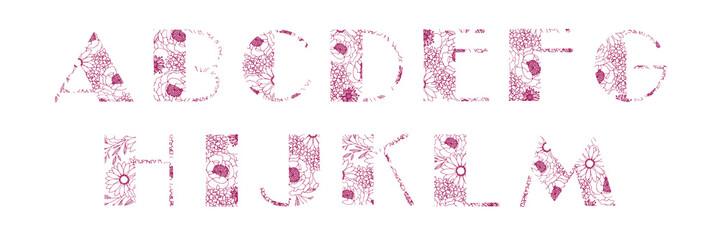 Letter Design Set of Alphabet type A to M in Floral Style, pink colored. Vector alphabet set. Floral monogram initials. Transparent line art.