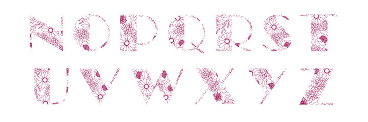 Letter Design Set of Alphabet type N to Z in Floral Style, pink colored. Vector alphabet set. Floral monogram initials. Transparent line art.