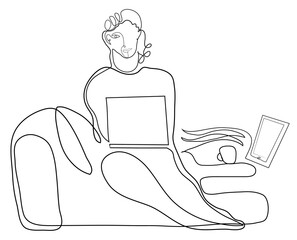 Simple one line drawing of happy female freelancer working with paper, laptop and cup of coffee.
One continuous line drawing of woman working with tablet.

