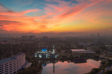 A sunrise scene of local muslim mosque taken via drone during a lockdown from Kuala Lumpur, Malaysia.