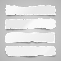 Ripped paper strips. Realistic crumpled paper scraps with torn edges. Shreds of notebook pages. Vector illustration.