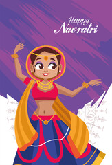 happy navratri celebration card with lettering and woman dancing