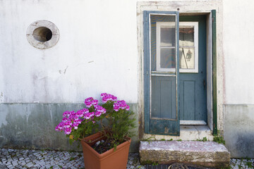 Fototapeta na wymiar door, flowers and panel of azulejos sur un mur d'une maison de Setubal, Portugal