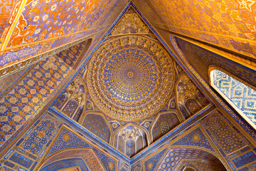 Interior of Tilya Kori Mosque and Madrassa located in Registan Square, in Samarkand, Uzbekistan
