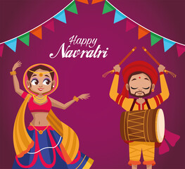 happy navratri celebration lettering with woman dancing and man playing drum