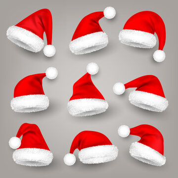Christmas Santa Claus hats with fur. New Year red hat. Winter cap. Vector illustration.
