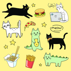 Cute cats and food vector set
