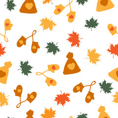 autumn pattern . colored hats ,mittens and maple leaves