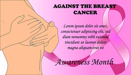 
Ilustración de vector de conciencia de cáncer de mama, mujer revisando su pecho, cinta rosa en el lado derecho y texto contra el cáncer de mama
