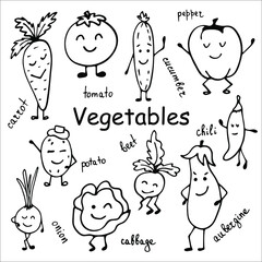 Cartoon hand drawn vegetables set. Vegetables such as carrots, tomatoes, onions, beets, cucumber, cabbage, potatoes, eggplants, etc. Vector illustration in black on a white background.