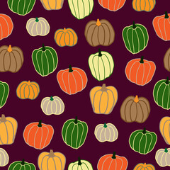 Simple pumpkin pattern . Cute colored pumpkins on a purple background. Vector texture. Bright print for the banner.