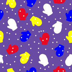 Christmas pattern. Colorful bright mittens, snow, lilac background. Winter. Good for postcards, packaging, banner. Simple seamless pattern.