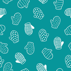 Simple winter pattern. Blue background, white ornament of mittens with patterns. The print is well suited for textiles, banner and packaging, postcards.