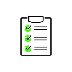 Clipboard with checklist icon for web with green check boxes isolated on white background.