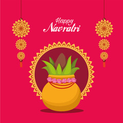 happy navratri celebration card with lettering and plant in pot