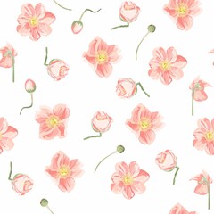 Floral vintage greeting seamless pattern with beautiful blossoming spring pink anemones and buds. Illustration for print or background in watercolor style.