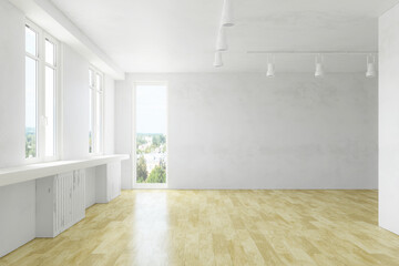 Large bright room interior with old dirty wall and wooden floor, blank living-room, contemporary apartment graphic design, 3D Rendering Illustration