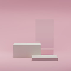 Stage from white platforms, bricks, glass element, podium for product display and show on pink background in studio. 3d realistic vector illustration, 3d render