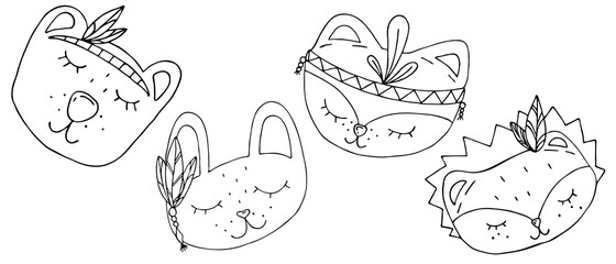 cute kawaii bear, fox, hare and hedgehog with feathers and ornaments of Indians, head with muzzle, coloring book, vector element, drawing for children by hand