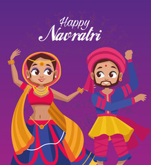 happy navratri celebration lettering with woman dancing and man playing drum