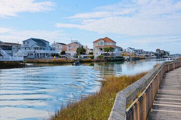 Scenic river view and waterfront houses, cross the Heritage Shores Nature Preserve, in North Myrtle Beach, South Carolina, USA