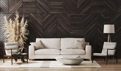 Modern living room interior mock up with wooden wall panel, wooden chairs and beige sofa, decoration, living room interior design background, 3d rendering
