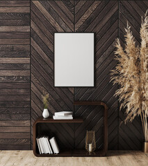 Blank vertical black frame on dark wooden wall with shelves with decoration and books on, pampas grass, 3d rendering