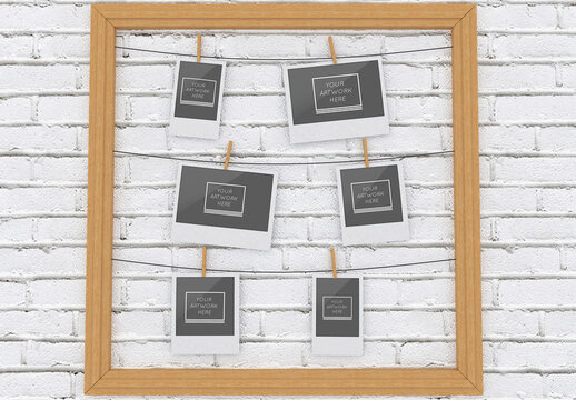 6 Instant Photos Mockup in Wooden Frame
