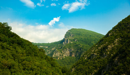 Fototapeta na wymiar Montenegrin mountains with dense forests, travel around Europe by bus