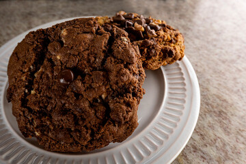 chocolate cookies inside the white plate on the table. chocolate cookies sho