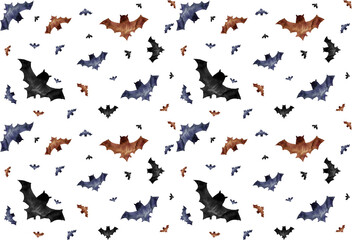 Watercolor seamless fall pattern for Halloween with bats in purple black and brown colors on white background. Hand drawn Halloween pattern.