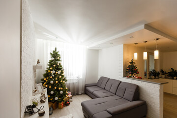 Christmas interior panorama, Christmas tree in the apartment