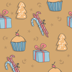 Vector seamless pattern with Christmas elements for background. New Year's, cozy, cute elements: gift, cookies, caramel, cocoa, cupcake.